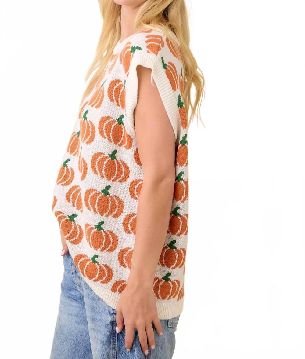 NEW MAIN STRIP pumpkin print sleeveless sweater knit top in ivory/orange - Picture 3 of 7
